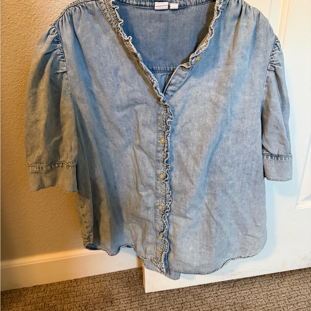 Light Blue Denim Ruffle-Trim Button Front Top